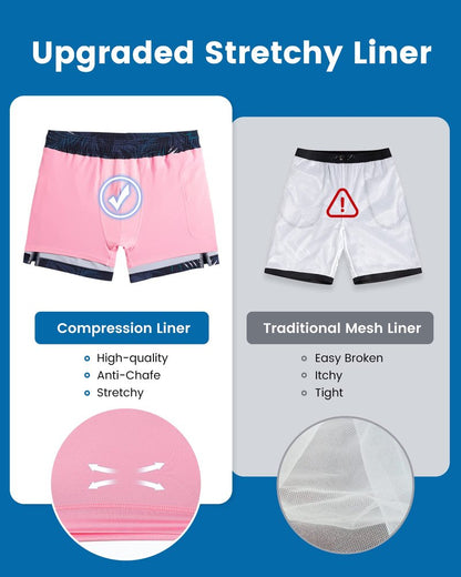maamgic Mens Swim Trunks with Compression Liner 5 Inch, Quick Dry Bathing Suit with Zipper Pockets, Stretch No-Chafing Swim Shorts, Navy-Pink Leaf Silhouette X-Large