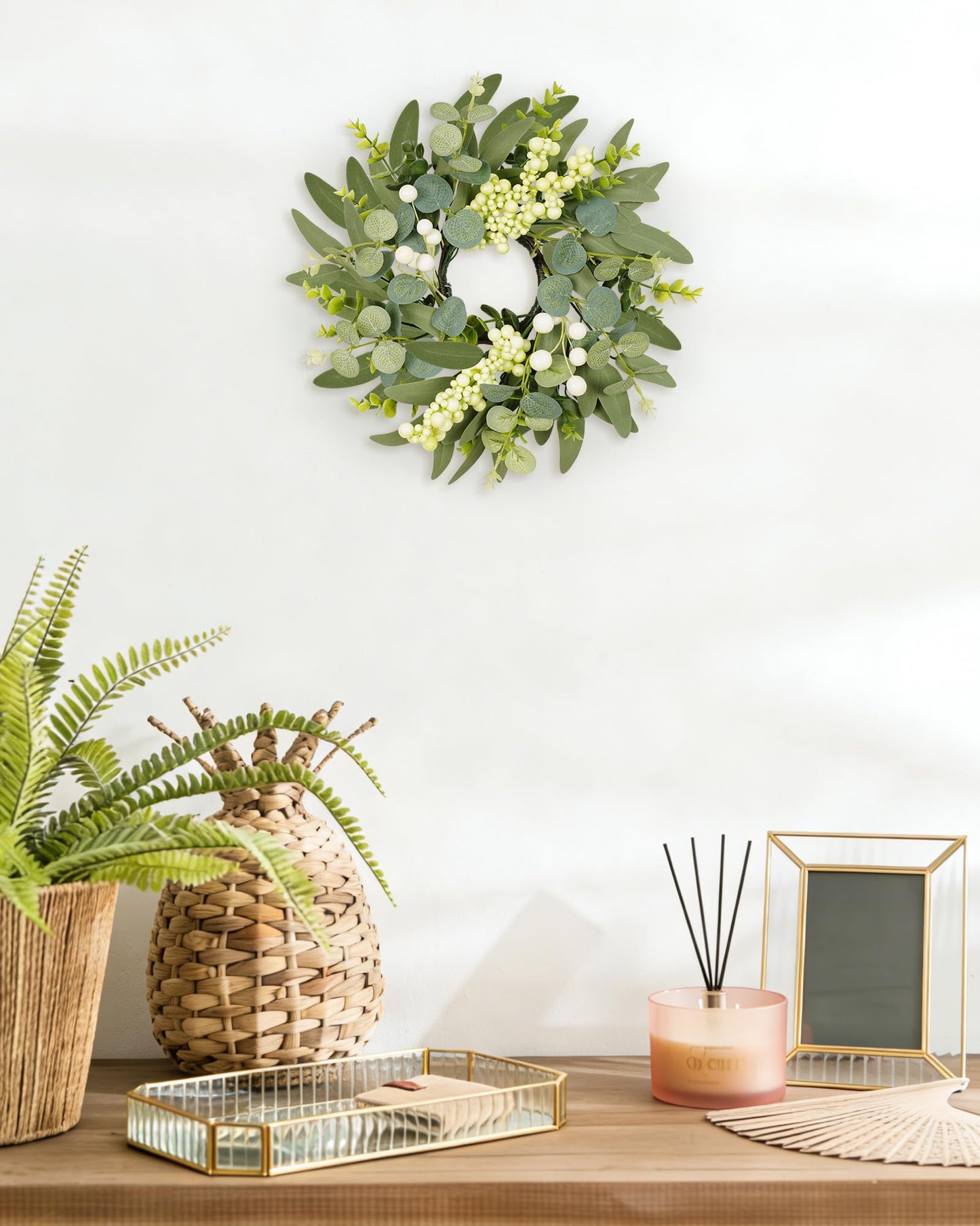 DDHS 2 Packs Small Eucalyptus Wreaths, 12 Inch Artificial Mini Green Wreath with Berries, Small Boxwood Leaves Wreaths for Indoor Outdoor Hanging Farmhouse Wall Window Wedding Decor