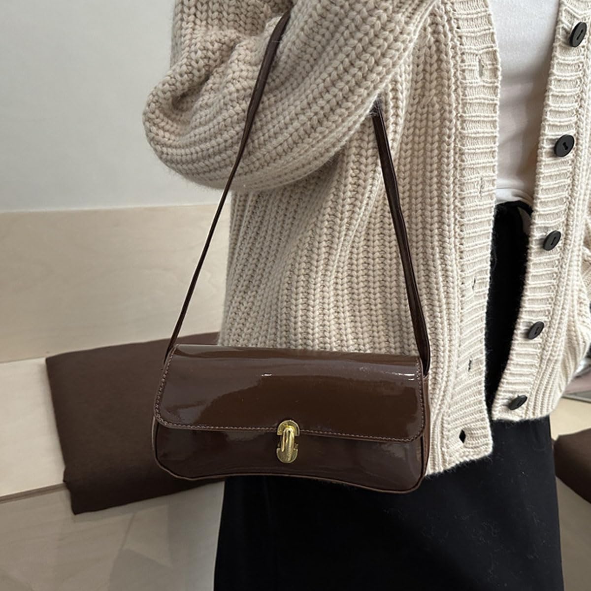 Small Shoulder Bag for Women Leather Underarm Hobo Bag Classic Handbag Retro Clutch Bags (Coffee)