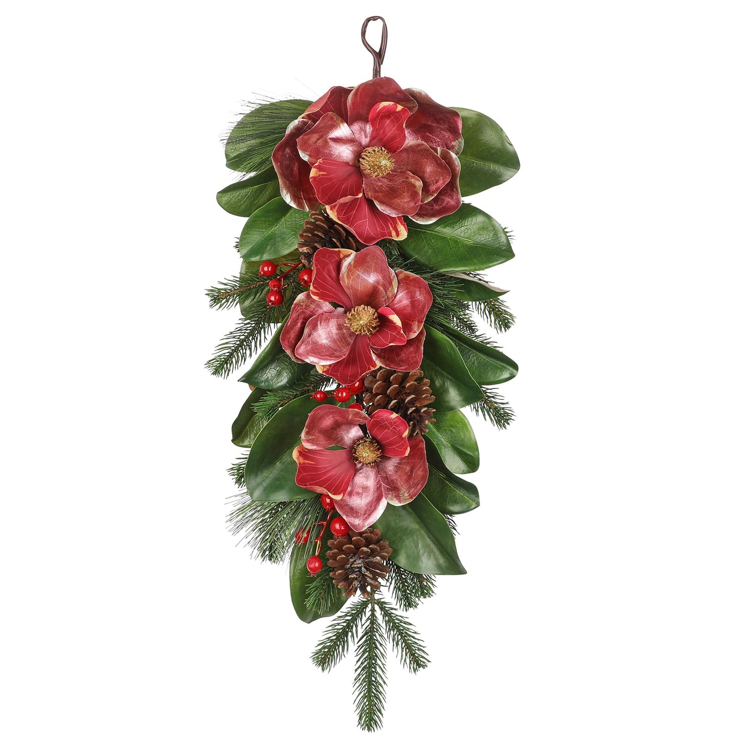 Briful 28.7 Inch Christmas Magnolia Flower Teardrop Swag – Red Magnolia Door Swag with Pine Cones Berries Artificial Christmas Hanging Teardrop for Xmas Home Holiday Front Door Outdoor Porch Decor