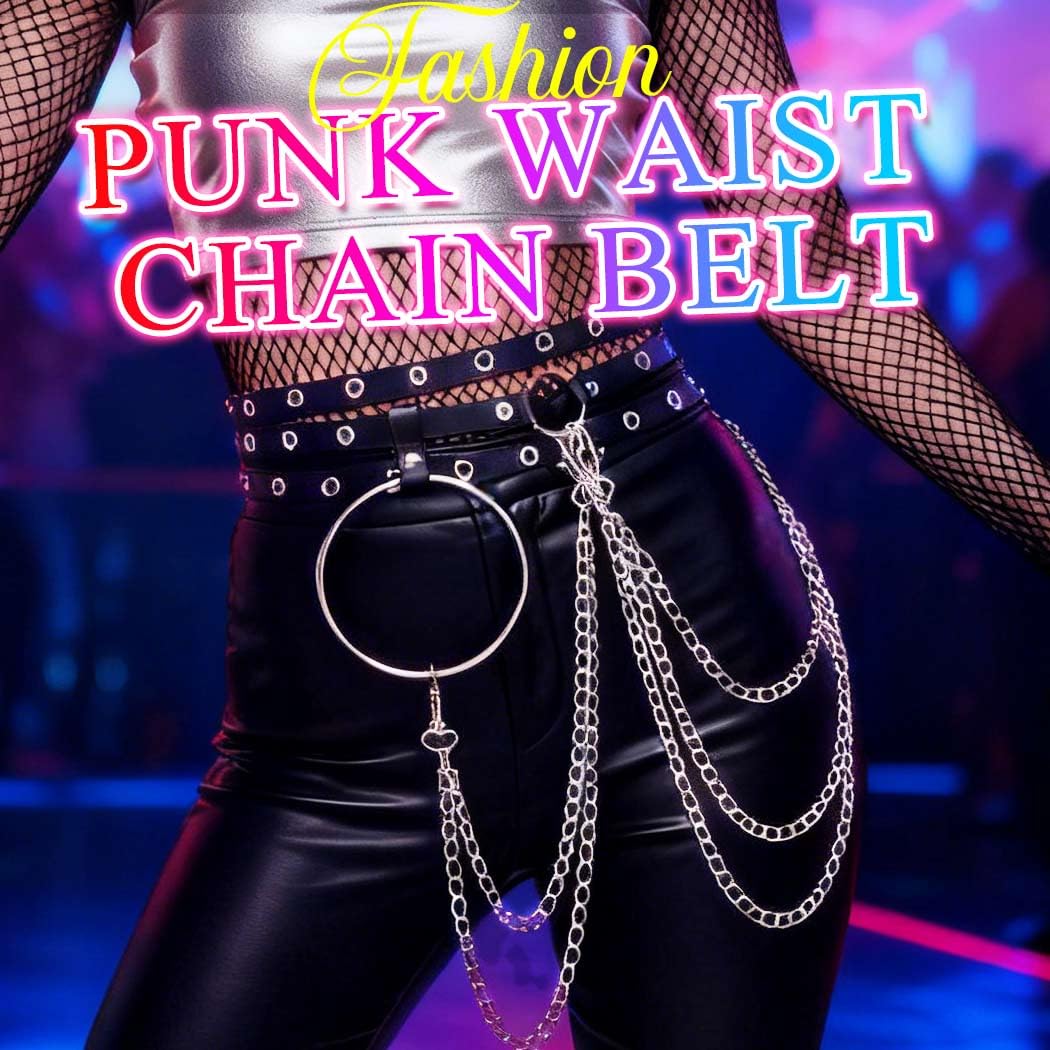 Nicute Chain Belt Black Punk Leather Waist Chain Belt Rave Accessories for Women