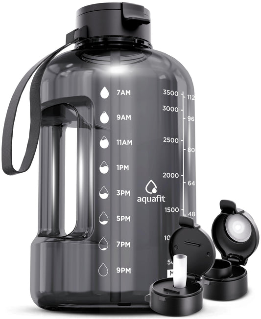 AQUAFIT 1 Gallon Water Bottle with Time Marker - Straw & Chug Lid - BPA Free Gym Water Bottle with Straw - Big Gallon Jug (Gray, 128 oz - 2 Lids)