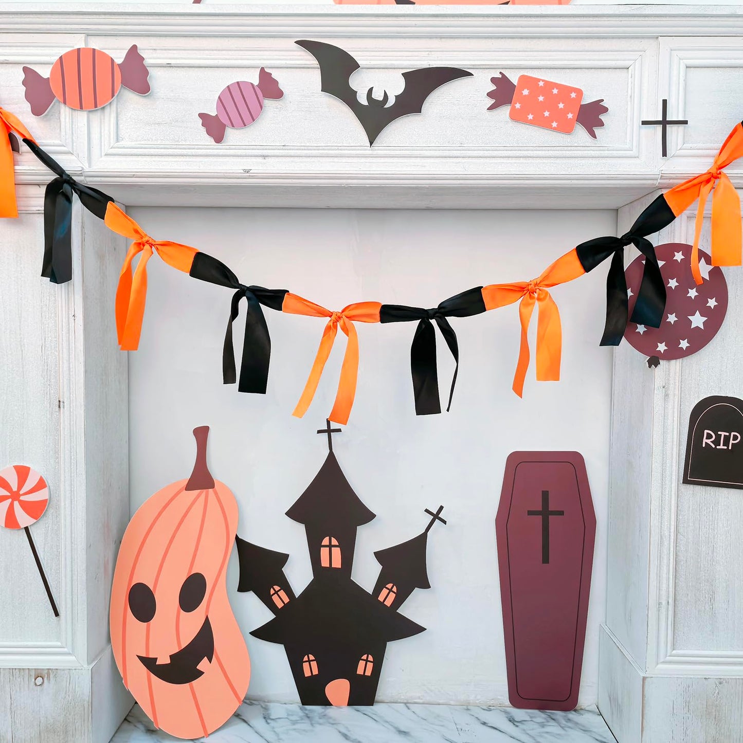 Halloween Stain Bow Garland | 6ft Linking Knot Bow Banner with 3ft Extend Ribbon for Halloween Party Vibes Wreath & Spooky Boo Decor (Orange & Black, 6ft)
