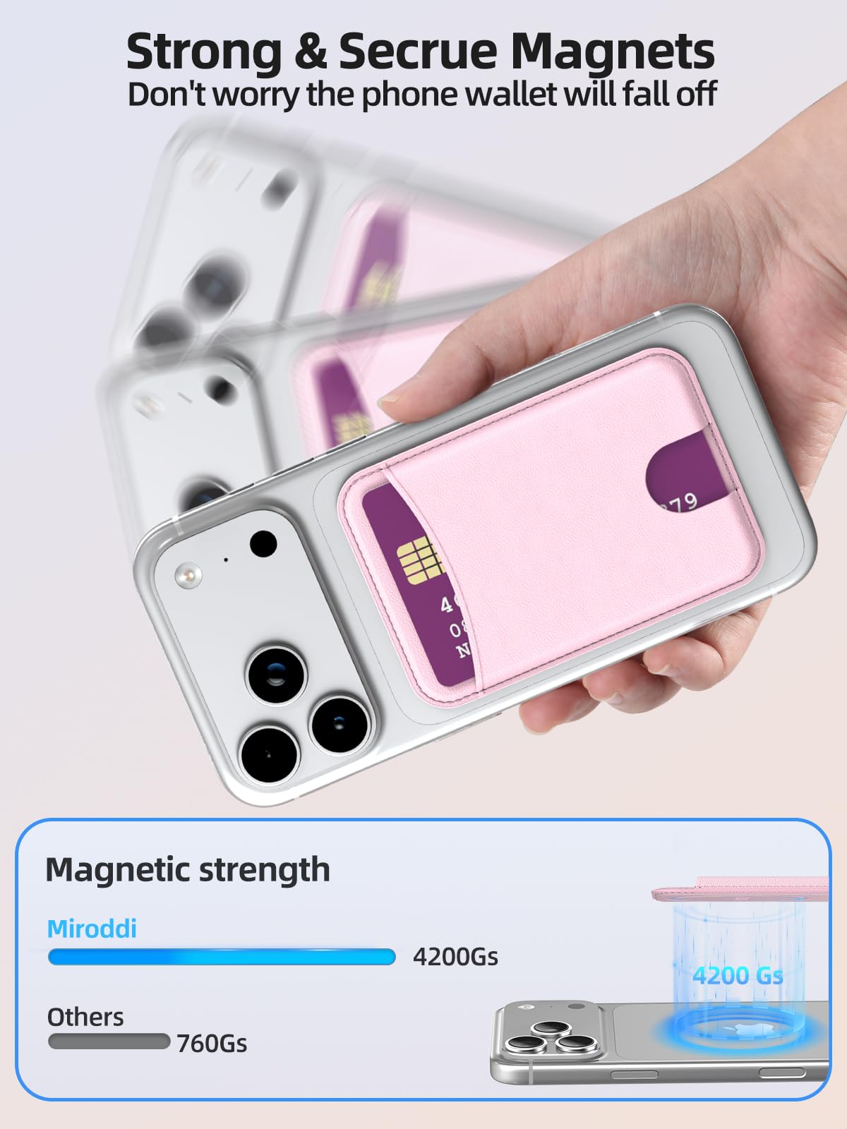 Miroddi for Magsafe Wallet, Magnetic Card Holder for iPhone 17/16/15/14/13/12 Series, Leather Magnet Phone Wallet Fit 4 Cards 3 Cash, Ultra-Thin, RFID Blocking, Light Pink