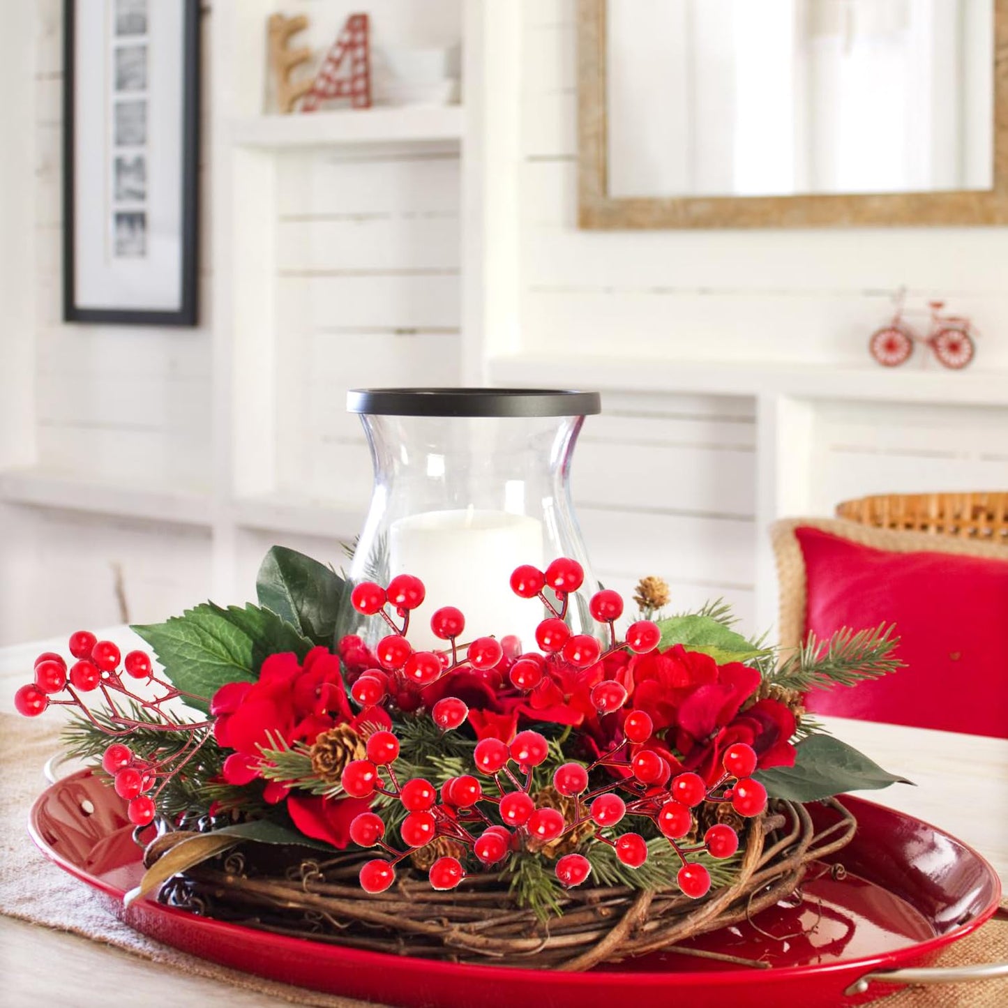 Grunyia 20 Pack Christmas Artificial Red Berry Stems Fake Holly Berry Pick for Christmas Tree Decorations DIY Crafts Xmas Ornaments Wedding Holiday Home Decor