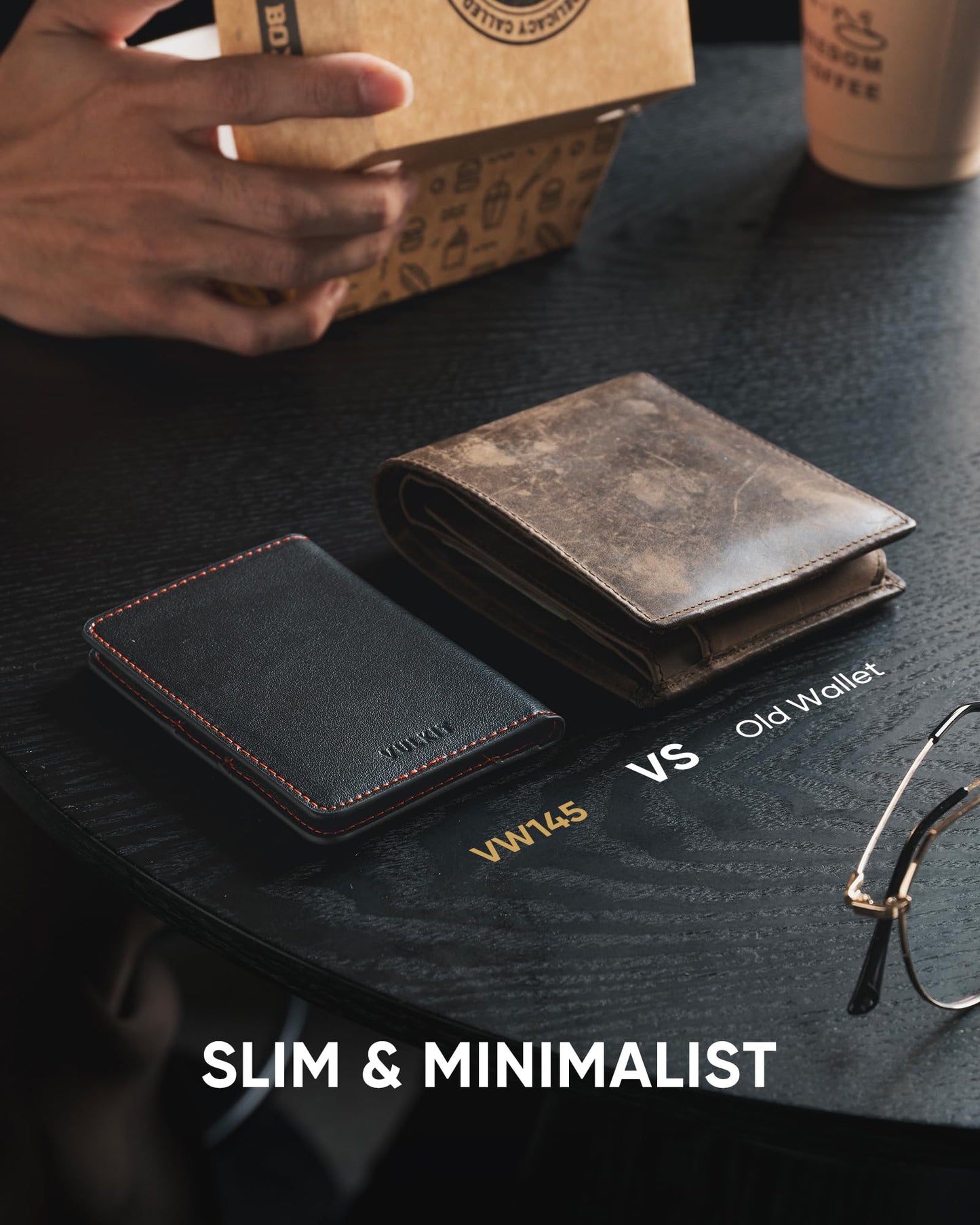 VULKIT Leather Slim Bifold Credit Card Holder for Max 8 Cards, Black