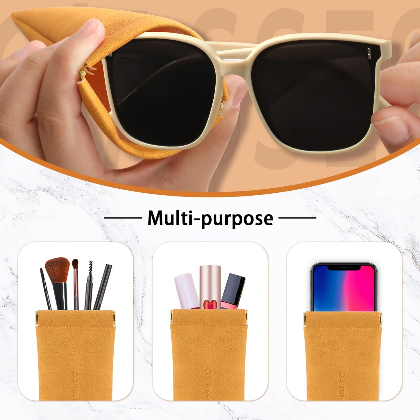RIGHT AWAY 3Pcs Sunglasses Case Soft Glasses Case,Squeeze Top Eyeglass Case PU Leather Glass Pouch Bag for Women Girs,Slim Glasses Sleeve,Portable Sunglass Holder for Purse(Orange+Blue+Pink)