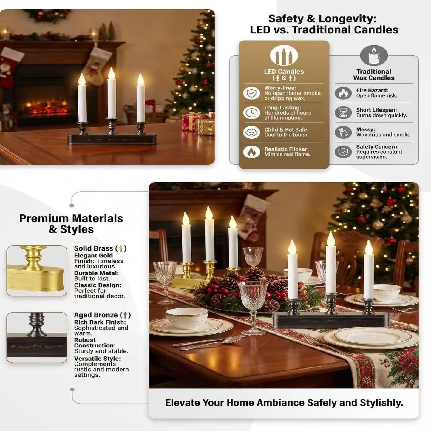 FGDECORJOIE Delicate Battery Operated Flicker Flame Black Antique 3 Tier LED Window Candelabra 11.5 Inch Hight with Automtically Recycle Timer 8 Hours On/16 Hours Off for Christmas New Year Festival