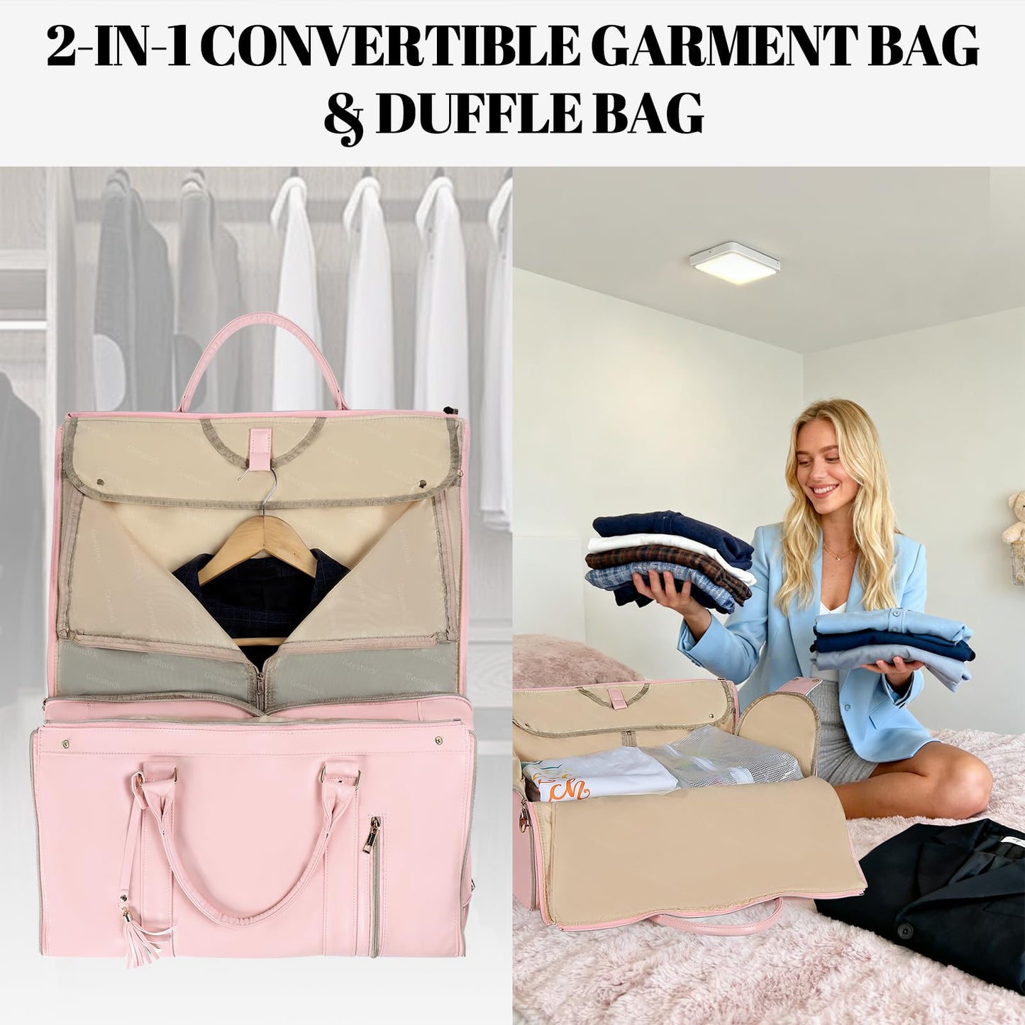 Geestock Convertible Garment Duffle Bags for Travel, Carry On Garment Bag with Shoe Pouch & Shoulder Strap - PU Leather Foldable Travel Duffle Bags 2 in 1 Hanging Dress Suitcase Suit Bag, Pink
