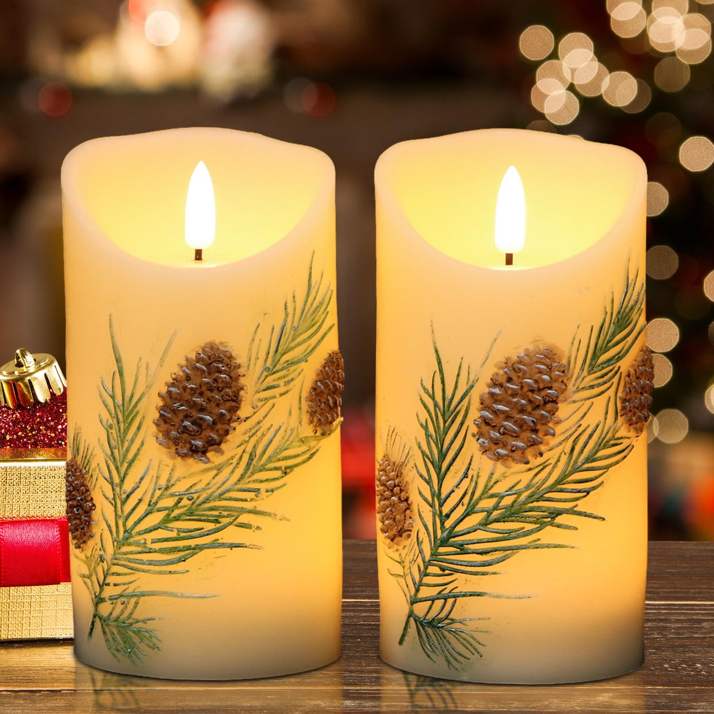 Eldnacele Christmas Flameless Candles with 6 Hour Timer, Battery Operated Hand Painted Pine Cone Real Wax 3D Wick Flickering LED Pillar Candles for Dinner Indoor Holiday Xmas Decor(2Pcs, D3×H5.7)
