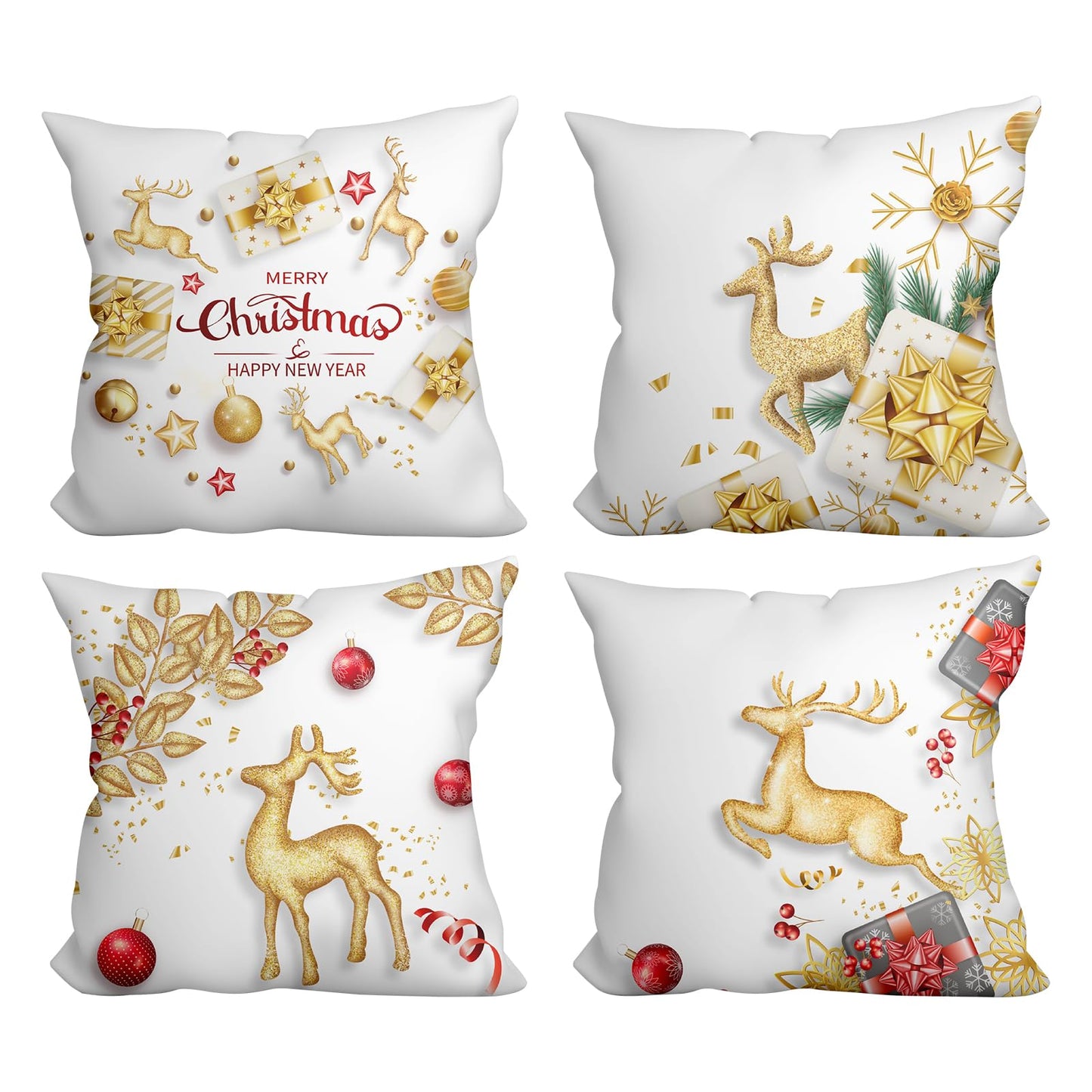 WSZBDY Christmas Throw Pillow Covers White Gold Snowflake Reindeer Christmas Decorations 18X18 inch Set of 4 Winter Christmas Indoor Home Holiday Ornaments Short Push Cushion for Sofa Tree