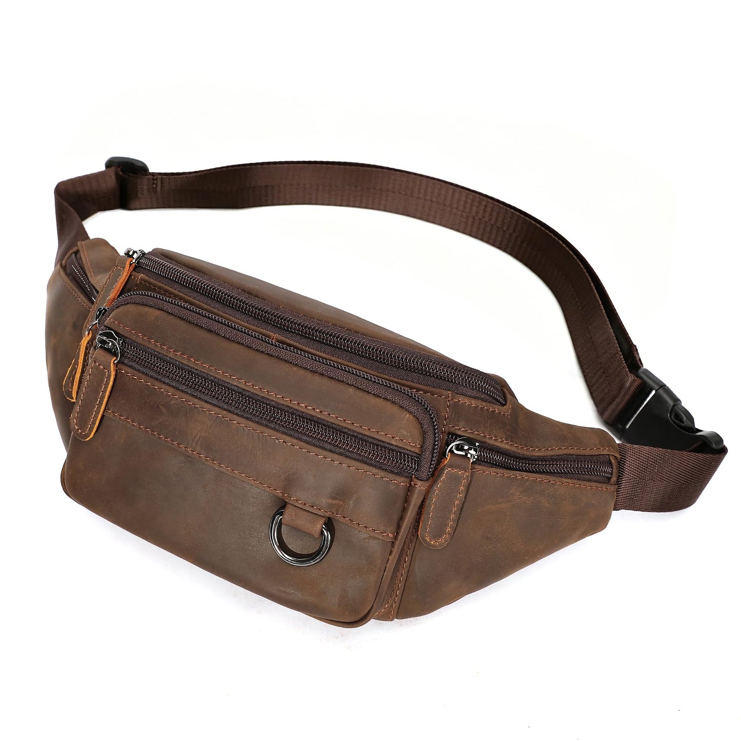 Genuine Leather Fanny Pack HandMade Durable cowhide Waist Bag Lots of Anti-theft zipper pocket Brown