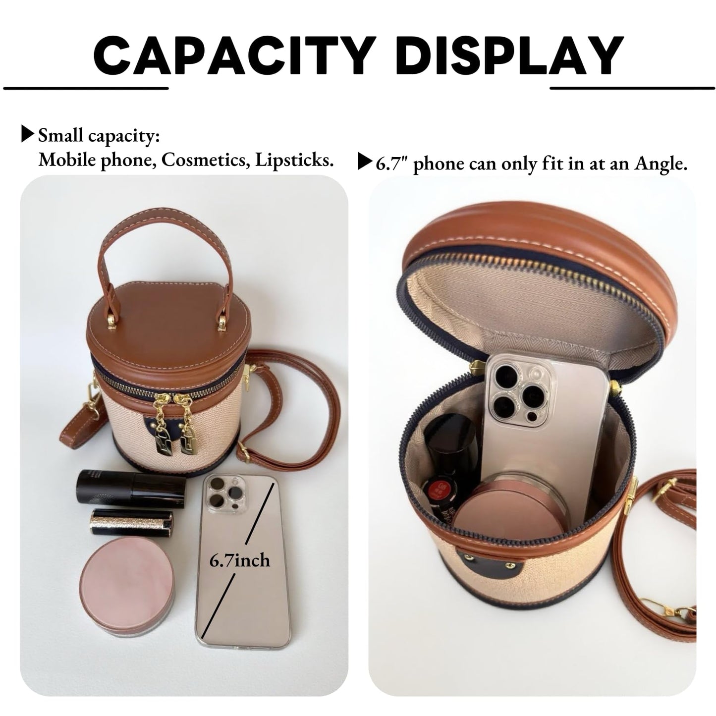QsicTaco Retro Bucket Bag Color Contrast Cylinder Purse Senior Sense Style Single Shoulder Crossbody Handbag with Zipper (Brown)