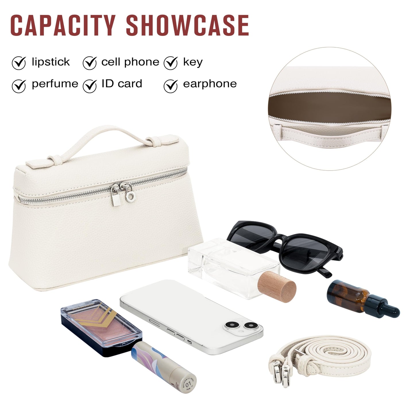 Larcenciel Elegant Small Leather Crossbody Purse for Women, Trendy Cream White Shoulder Bags with Zipper Closure & Adjustable Strap, Cute Top-Handle ladies Handbags for Everyday Work Wedding Going Out