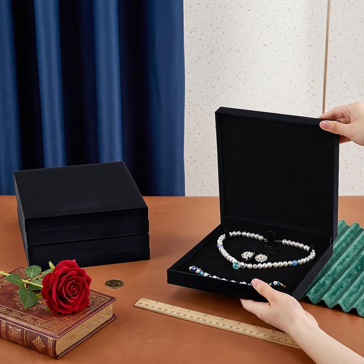 twinklemon 3PCS Black Jewelry Set Box Large Necklace Box Velvet Interior Jewelry Display Gift Box Jewelry Gift Boxes for Bracelet Necklace Earring Ring