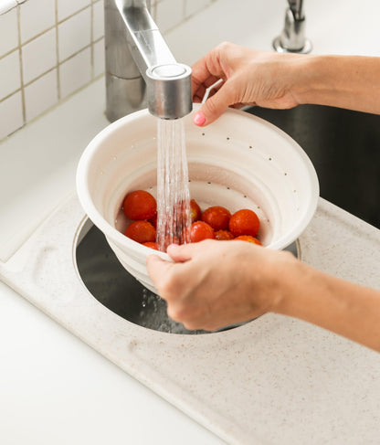 Dexas Over the Sink Poly Cutting Board with Collapsible Colander Strainer, 11.5 x 20", Natural/Gray