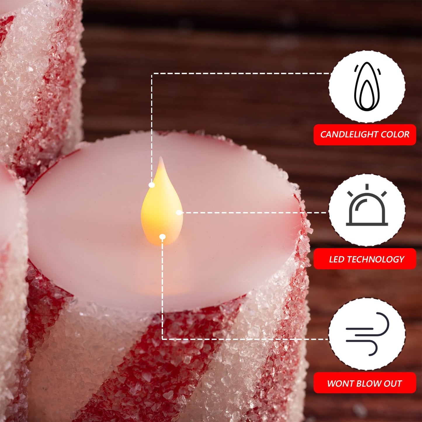 3 Pcs Christmas Candy Cane Stripe Flameless Candles, Real Wax Red &White Glitter Striped LED Pillar Candles with Battery Operated Flickering Flame for Xmas Party, Wedding, Home Decoration D3 x H4"5"6"