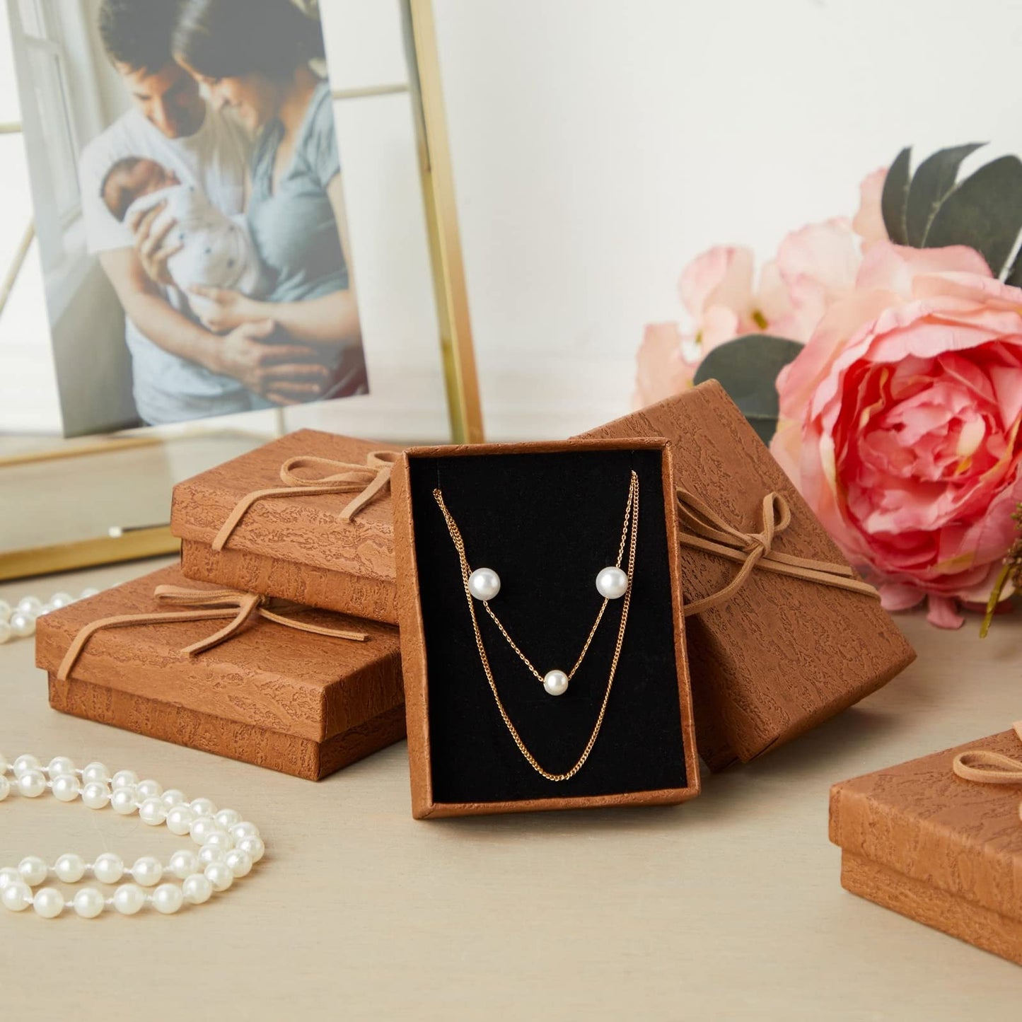 Juvale Jewelry Gift Boxes - 3.7 x 2.9 x 1.3 In, Kraft, Pack of 12 - Velvet Lined & Bow Lid Cardboard Necklace Box