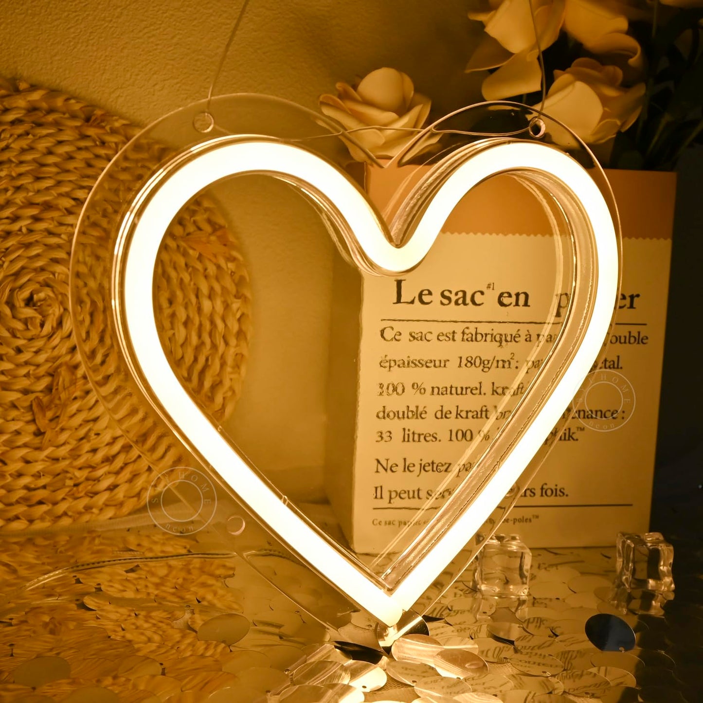SYLHOME Heart Led Neon Light Sign Battery Operated or USB Powered Bedroom Wedding Wall Sign Decor Valentines Day Birthday Christmas Gifts USB 7.87" X 7.28" Warm White