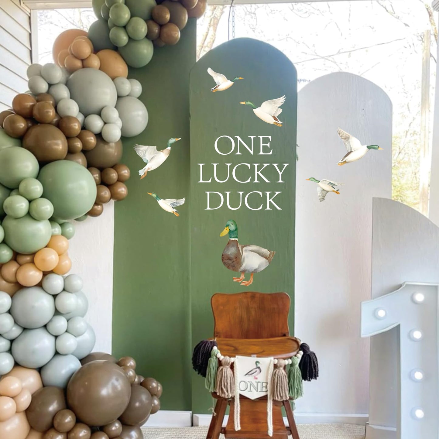 FYSUIMU One Lucky Duck First Birthday Decal Mallard Duck Backdrop Party Stickers Animal Theme 1st Birthday Sign Decal for Balloon Arch Baby Shower