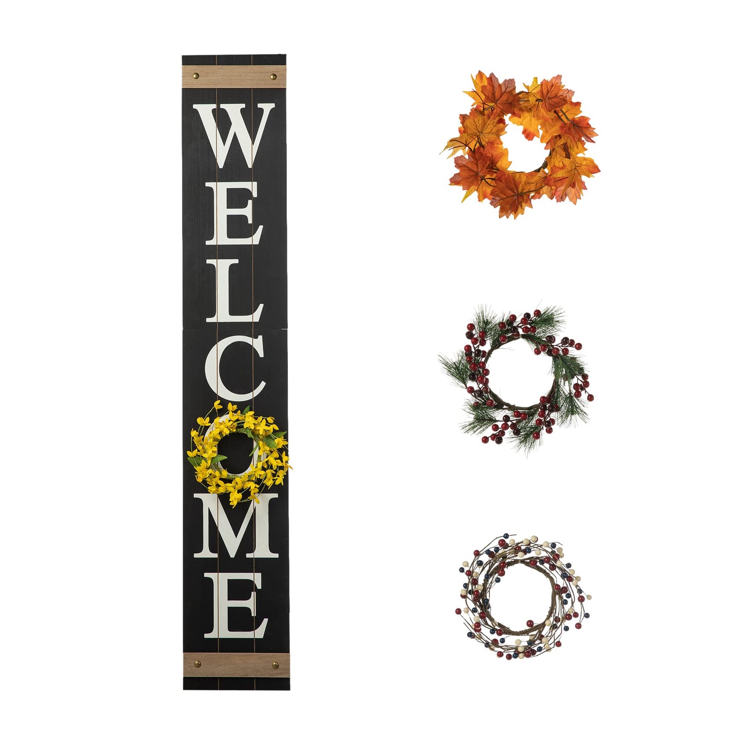 Glitzhome 60”H Welcome Sign for Front Door Porch Farmhouse Wooden Hanging Wall Sign with 4 Interchangeable Floral Wreaths for Seasons Spring Summer Fall Harvest Thanksgiving Christmas Home Decor