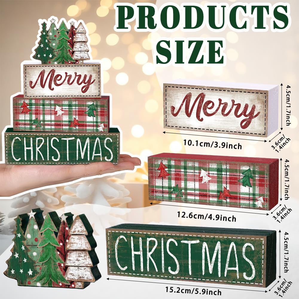 DIYDEC 4Pcs Christmas Table Decoration Green Tree Wooden Block Sign Christmas Tiered Tray Decor Winter Centerpiece Decorative Sign for Xmas Holiday Tabletop Coffee Fireplace Shelf Desk Party Decor
