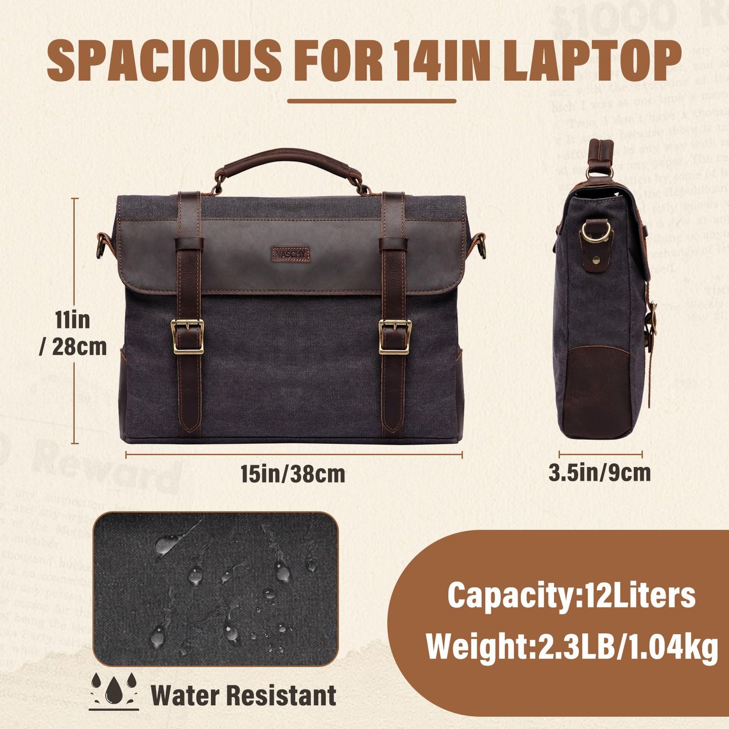 VASCHY Vintage Canvas Leather Messenger Bag School Shoulder Bag Business Briefcase Satchel Gray
