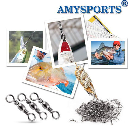 AMYSPORTS High Strength Fishing Swivels - Barrel Solid Ring & Rolling Fishing Tackle Line Connectors - Saltwater & Freshwater - Stainless Steel Accessories - 100pcs - 31lbs