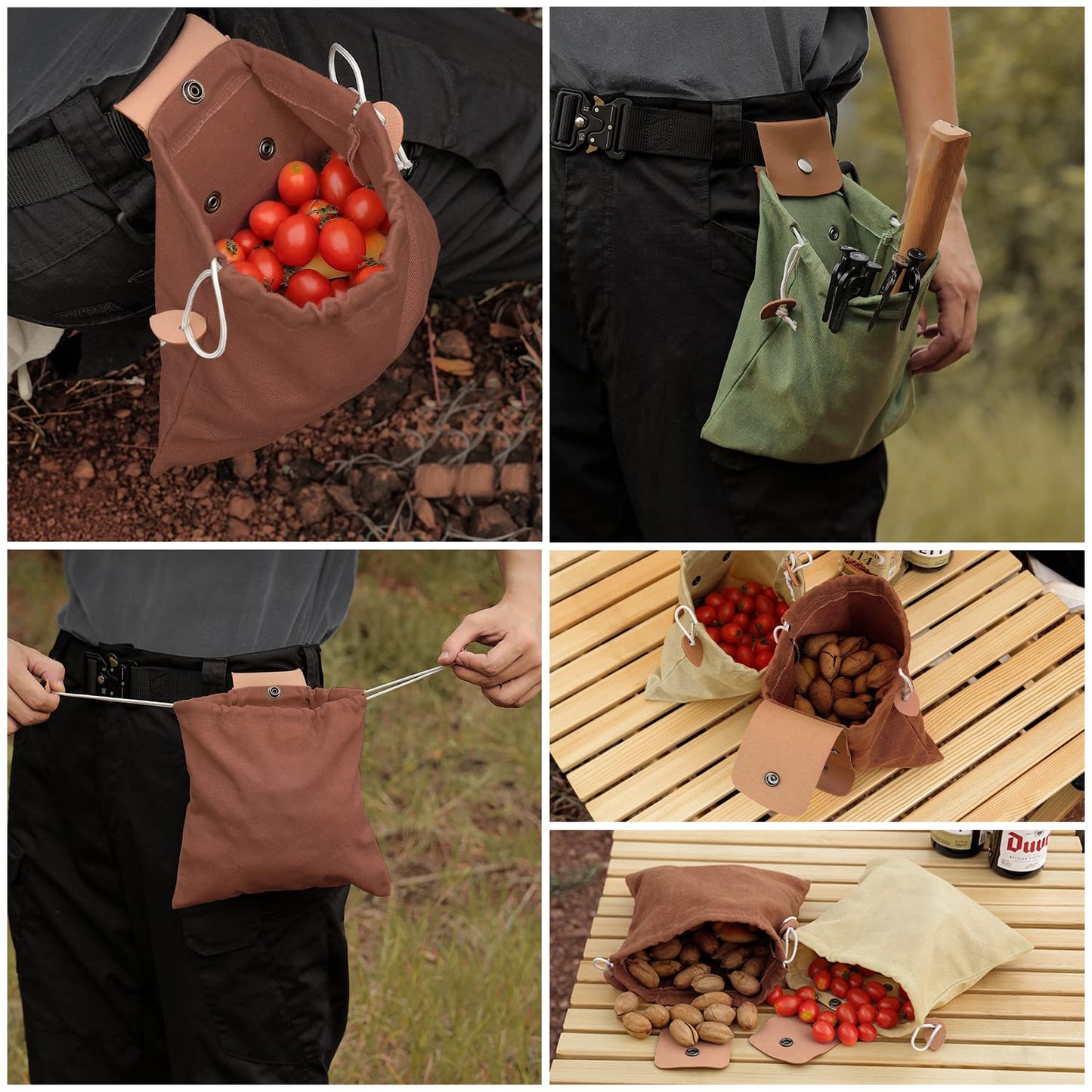 Brown Foraging Bag, Outdoor Picking Fruit Bags, Waxed Canvas Foraging Pouch, Foldable Leather Belt Pouch With Drawstring Multi-Purpose Picking Bag for Camping, Shells, Treasures, Travel, Hiking, Tools