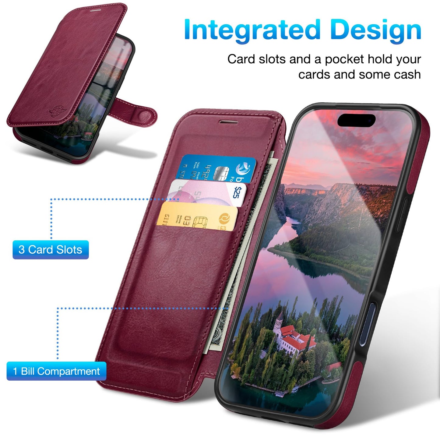 DuckSky Wallet Case for iPhone 17 Pro Max 6.9" Magnetic Flip Leather Folio Cover with RFID-Blocking Credit Card Holder,Wireless Charging Compatible,Women Men Apple 17 Pro Max Protective Case,Wine Red