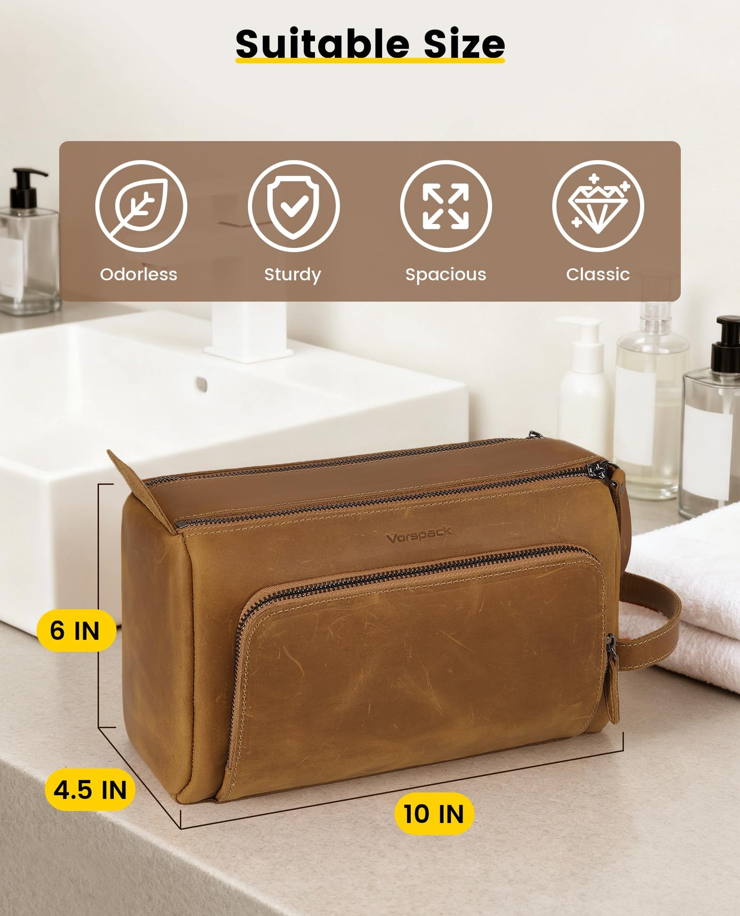 Vorspack Genuine Leather Toiletry Bag for Men - Water Resistant Travel Bag for Toiletries, Essentials, Accessories - Light Brown