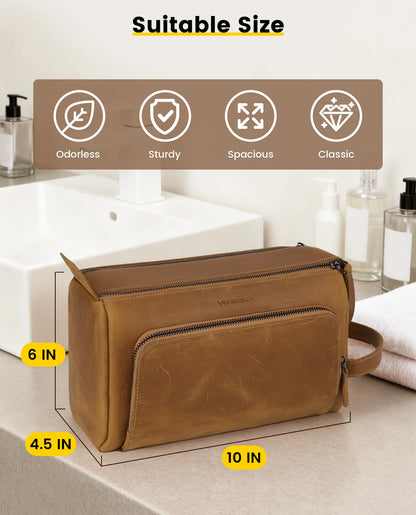 Vorspack Genuine Leather Toiletry Bag for Men - Water Resistant Travel Bag for Toiletries, Essentials, Accessories - Light Brown