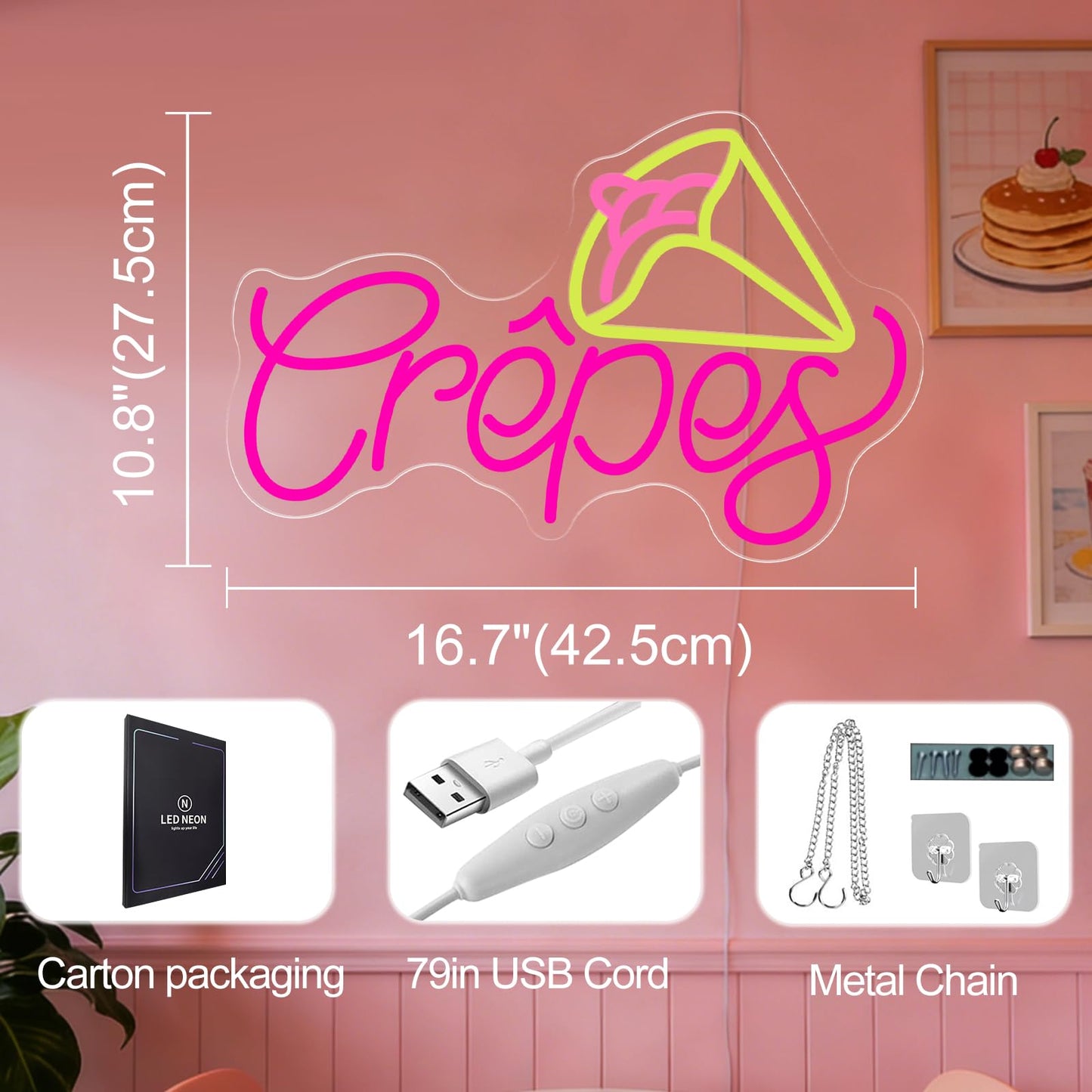 French Crepes Neon Sign, LED Neon Sign Wall Decor for Dessert Café Bakery Kitchen, Food Neon Signs for Wall Decor Gift for Crepe Lovers 16.7” × 10.8”