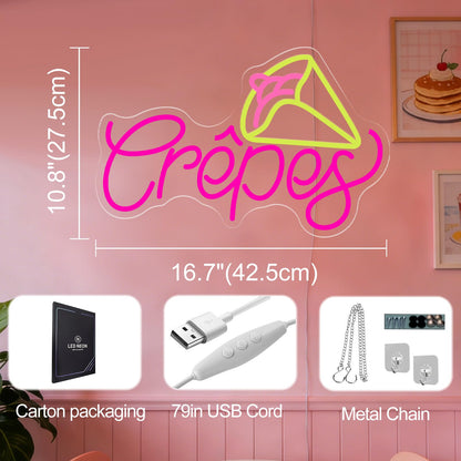 French Crepes Neon Sign, LED Neon Sign Wall Decor for Dessert Café Bakery Kitchen, Food Neon Signs for Wall Decor Gift for Crepe Lovers 16.7” × 10.8”
