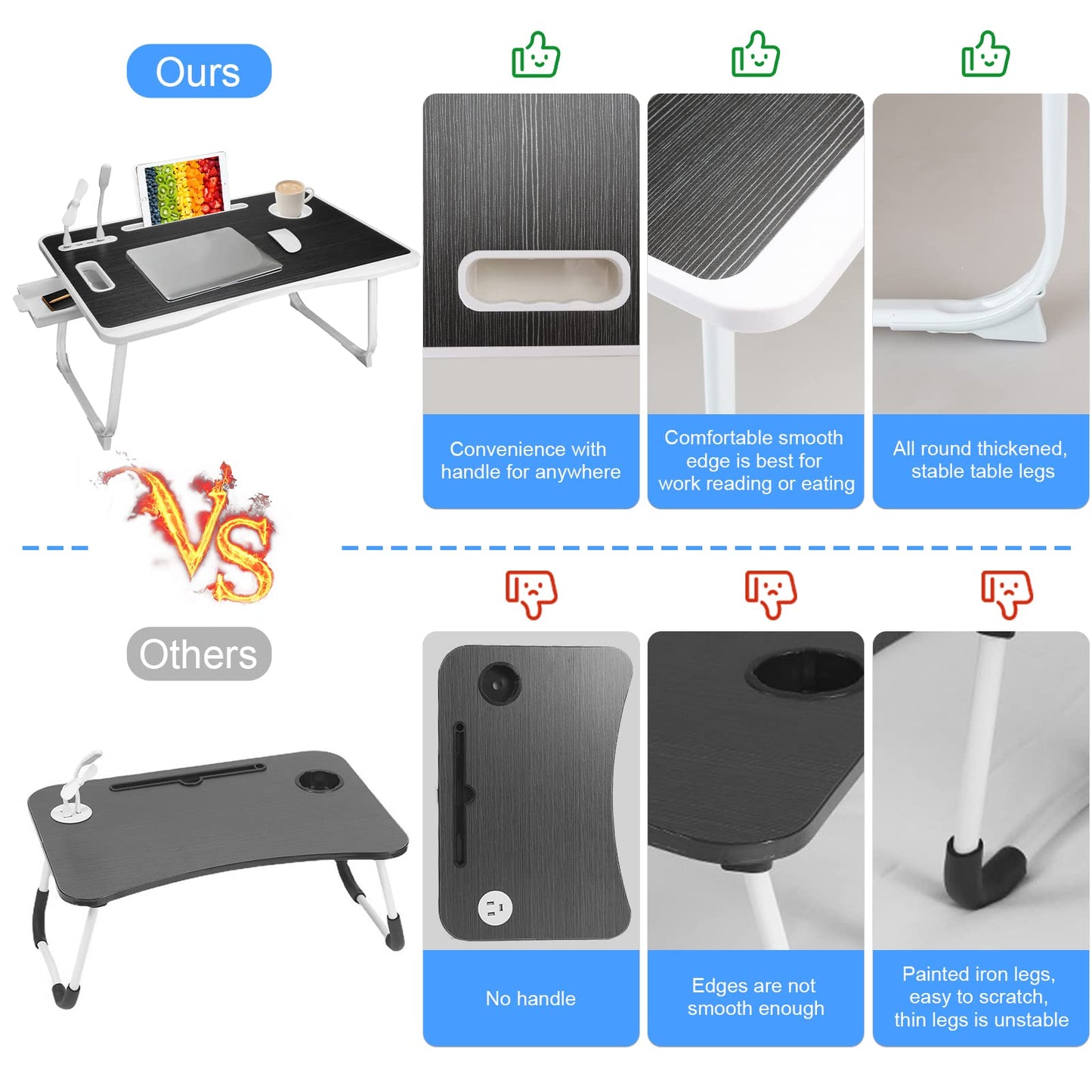 Laptop Bed Table, Laptop Desk for Bed, Foldable Laptop Bed Desk with USB Charge Port, Handle, Desktop Card Slot, Cup Slot, Side Drawer, Portable Laptop Table for Bed Eating Reading Working