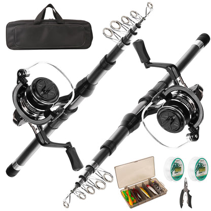 Fishing Rod Reel Combo - 2PCS 6.89ft Telescopic Fishing Poles 2PCS Spinning Reels Lures Set Fishing Pliers with Carrier Bag for Travel Saltwater Freshwater Gift Portable Fishing Pole Kit (Black 1)