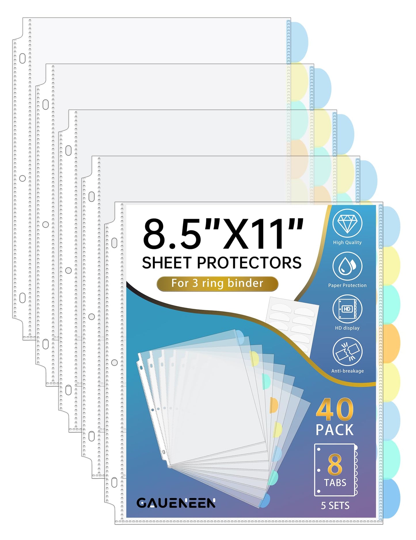 GAUENEEN 40 Pcs Clear Sheet Protectors with Tabs for 3 Ring Binder, Binder Dividers with 8 Tabs, Clear Plastic Notebook Page Dividers with Pockets, 5 Sets