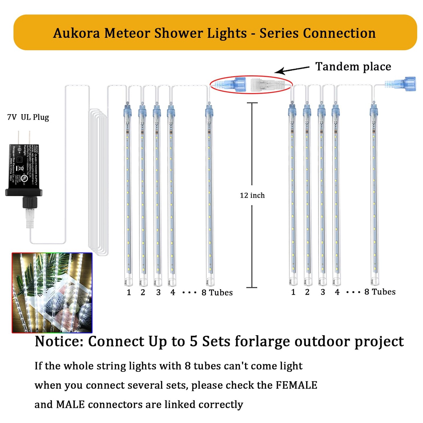 Aukora Christmas Lights Outdoor Meteor Shower Falling Rain Lights 12 inch 8 Tubes 192LED Snowfall Cascading Icicle String Light for Xmas Tree Decor Wedding Party Holiday Window Garden, UL Plug, White