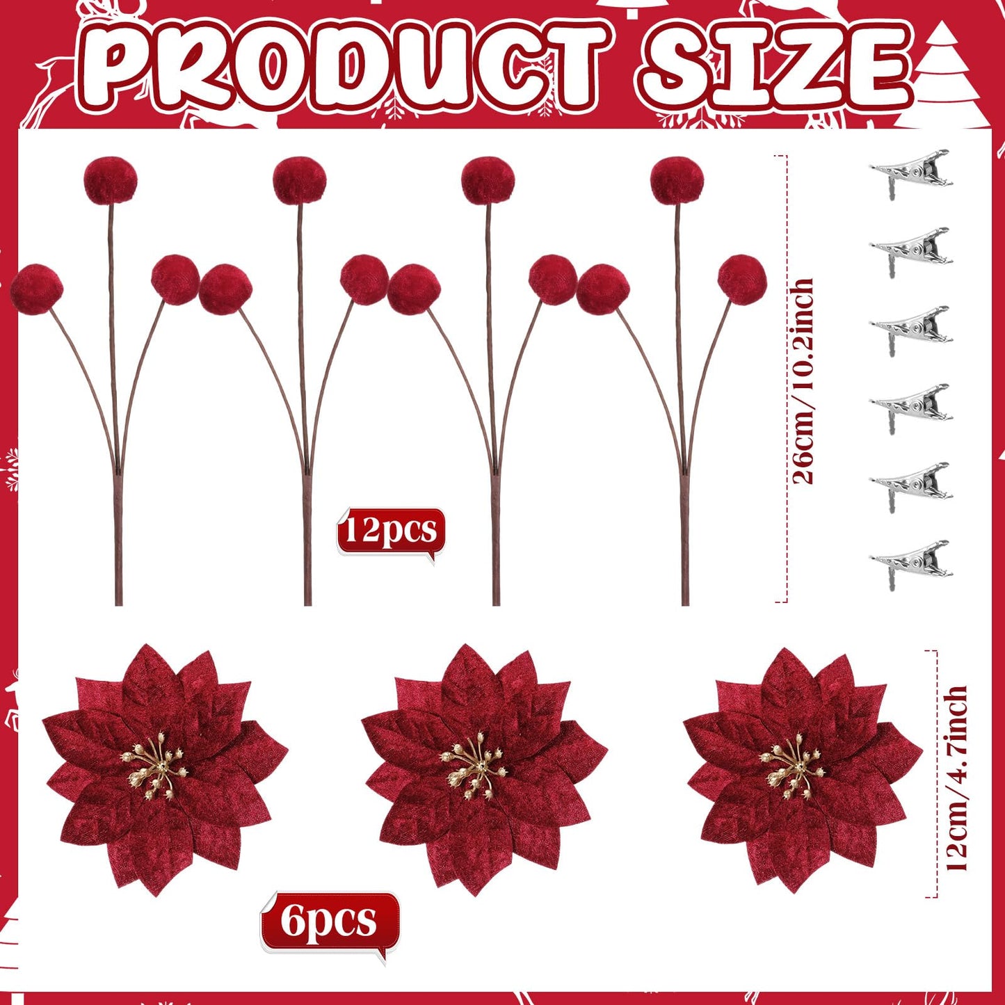 Hungdao 18 Pcs Velvet Christmas Tree Ornament Set Artificial Christmas Poinsettia Flower with Clips and Tree Picks Neutra Holiday Ornaments for Xmas Wreath Fireplace Stairs Decor(Burgundy)