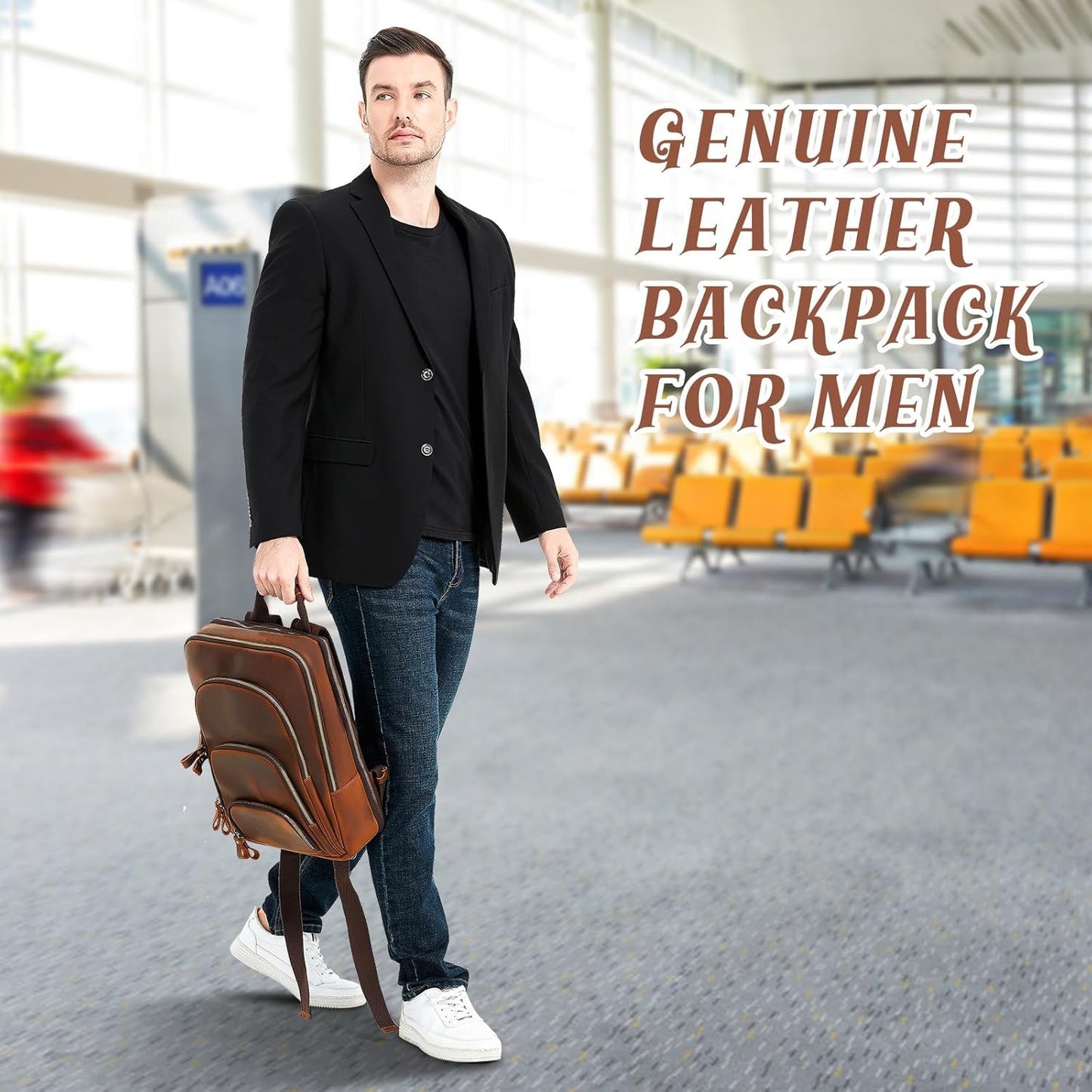 Fshsup Full Grain Leather Backpack 15.6" Laptop Bag Men's Vintage Genuine Leather Business Backpack Travel Hiking Camping Rucksack Overnight Weekender Daypack Backpack