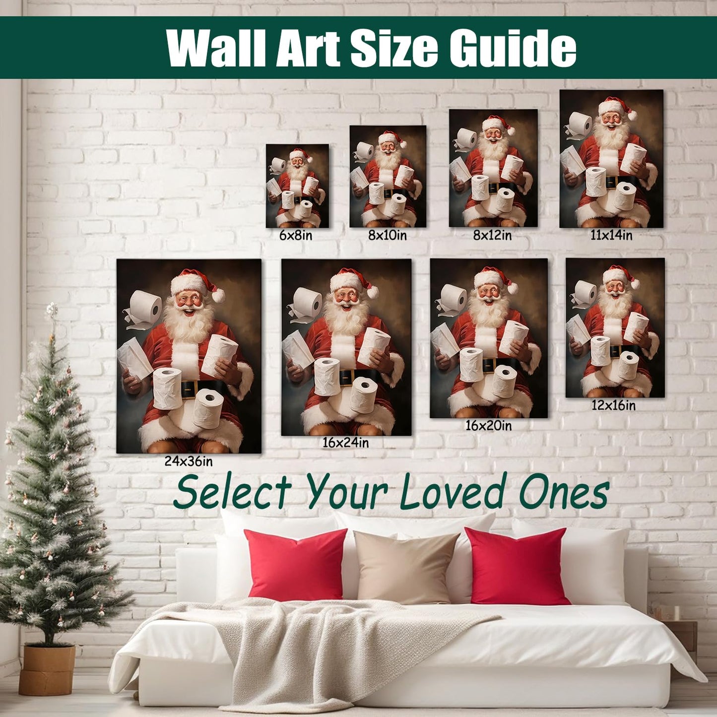 Funny Santa Christmas Canvas Wall Art for Bathroom, Humorous Framed Canvas Prints Ready to Hang, Unique Christmas Gifts for Home & Office Christmas Decorations
