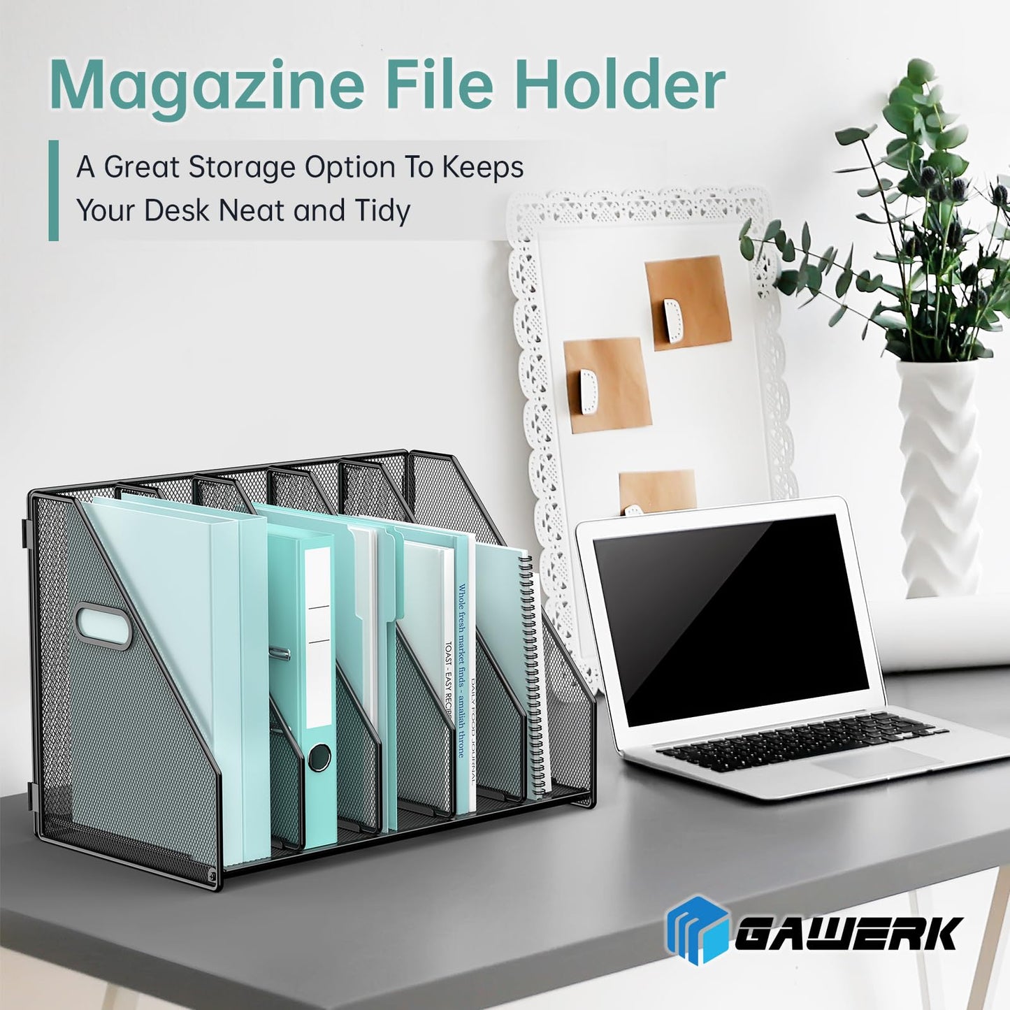 Gawerk Desktop File Magazine Folder Holder 5 Vertical Compartments, Desk Organizer Vertical Magazine Folder Organize with Side Handles, for Office Home School, Black