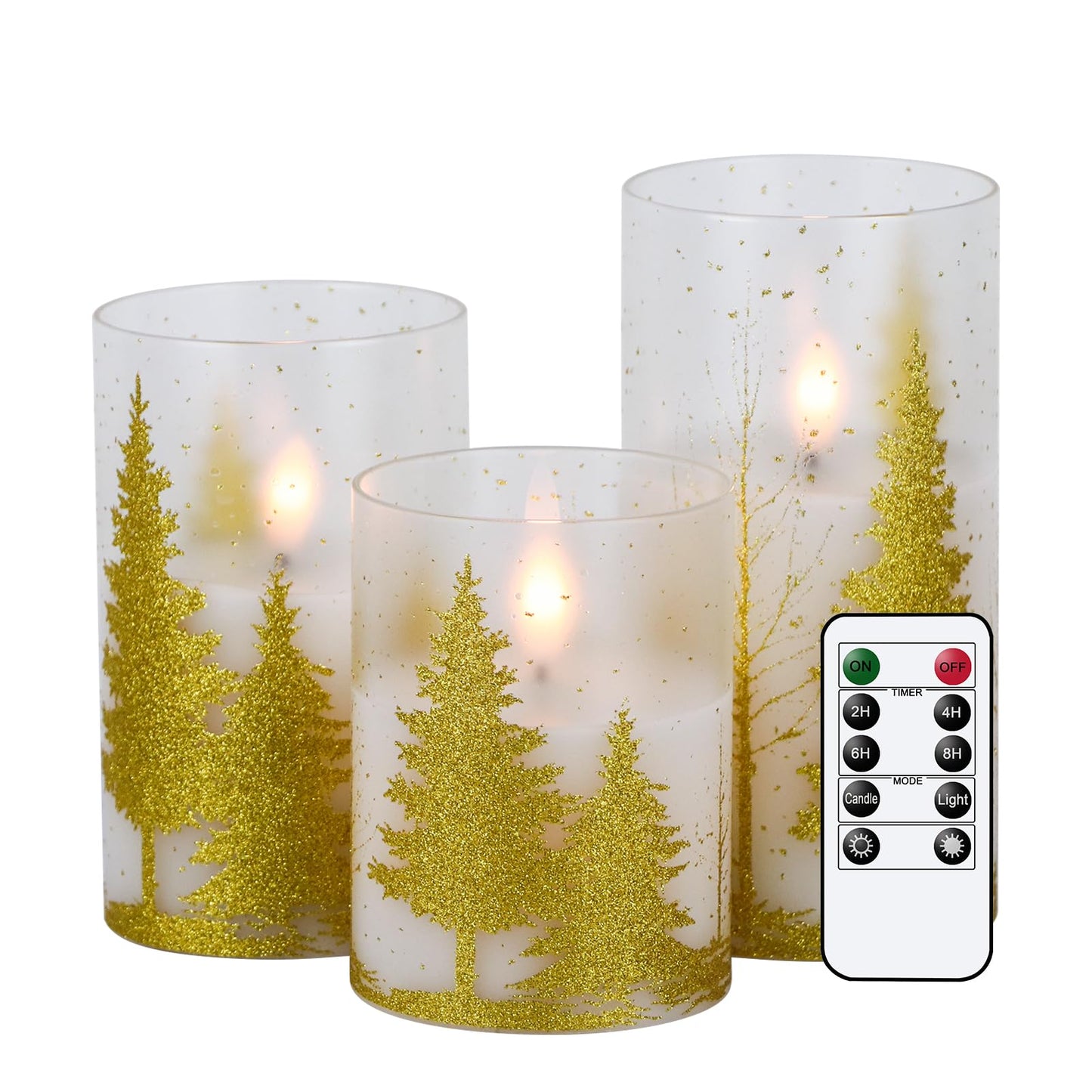 DRomance Christmas Tree Glass Flameless Candles with Remote Timer Battery Operated Real Wax 3D Wick LED Flickering Pillar Candles Christmas Holiday Decor(Gold, 3 x 4,5,6 Inch)