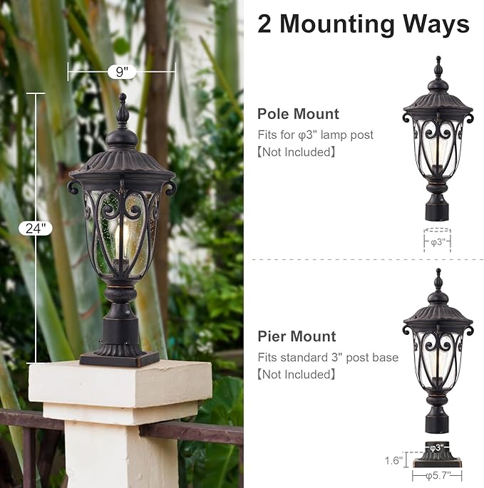 Dusk to Dawn Outdoor Post Light Fixture, 24in High Bronze Post Lantern with Pier Mount, Exterior Pole Lighting with Seeded Glass for Yard, Garden, Patio and Pathway, 2 Pack, LMMS0519-M-2P