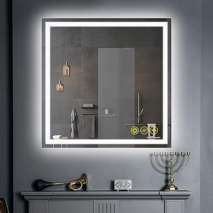 Wall-Mounted LED Square Bathroom Mirror, Makeup Mirror (36 inches x 36 inches,) 3 Color Stepless Dimmable Memory Bathroom Vanity Mirror with Lights CRI90 Smart Mirror with Touch