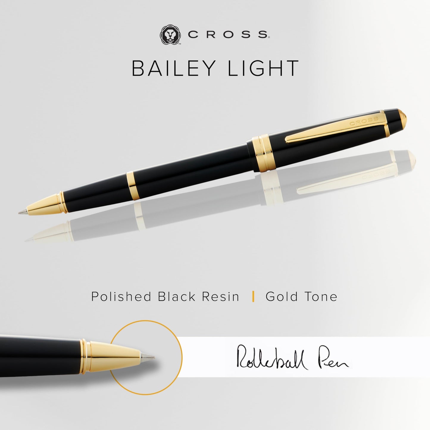 Cross Bailey Light Polished Black Resin and Gold Tone Rollerball Pen - Professional Pen for Effortless Writing - Journaling, Note-Taking & More - Black Ink - Easy Handling - Includes Gift Box