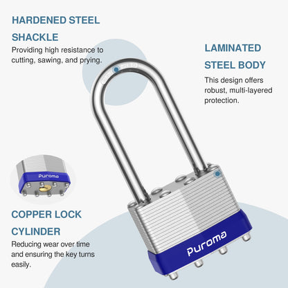 Puroma Lock 4 Pack Padlocks, 2” Long Shackle Heavy-Duty Locks with 8 Keys, 40mm Hardened Steel Keyed Alike Padlocks for Sheds, Gates, Fences, Toolbox, Outdoor and Indoor Use（Silver）