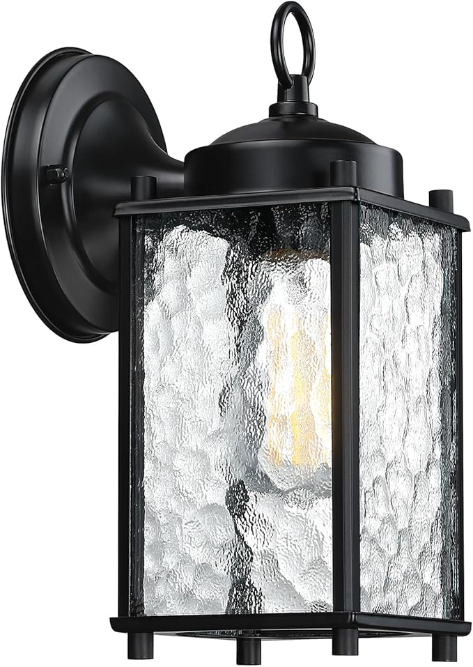 Outdoor Wall Light Fixture, Exterior Lighting Fixture Wall Mount, Black Outdoor Porch Light with Hammered Glass, Outside Lights for House, Waterproof Anti-Rust for Garage, Front Door