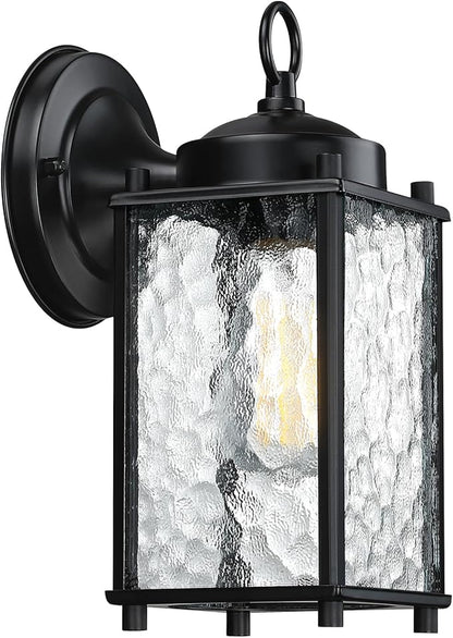 Outdoor Wall Light Fixture, Exterior Lighting Fixture Wall Mount, Black Outdoor Porch Light with Hammered Glass, Outside Lights for House, Waterproof Anti-Rust for Garage, Front Door