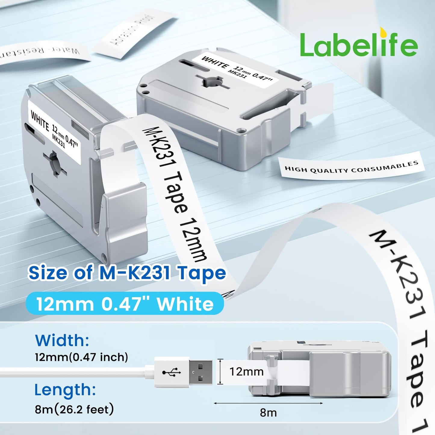 Labelife M-K231 PTM95 Label Tape Replace for Brother M Tape P Touch M-K231S M231 MK231 M-231 12mm 0.47 Inch for Brother PTouch PT-M95 PT-65 PT-80 PT-70 PT-45 PT-90 Label Makers, Black on White, 4 Pack